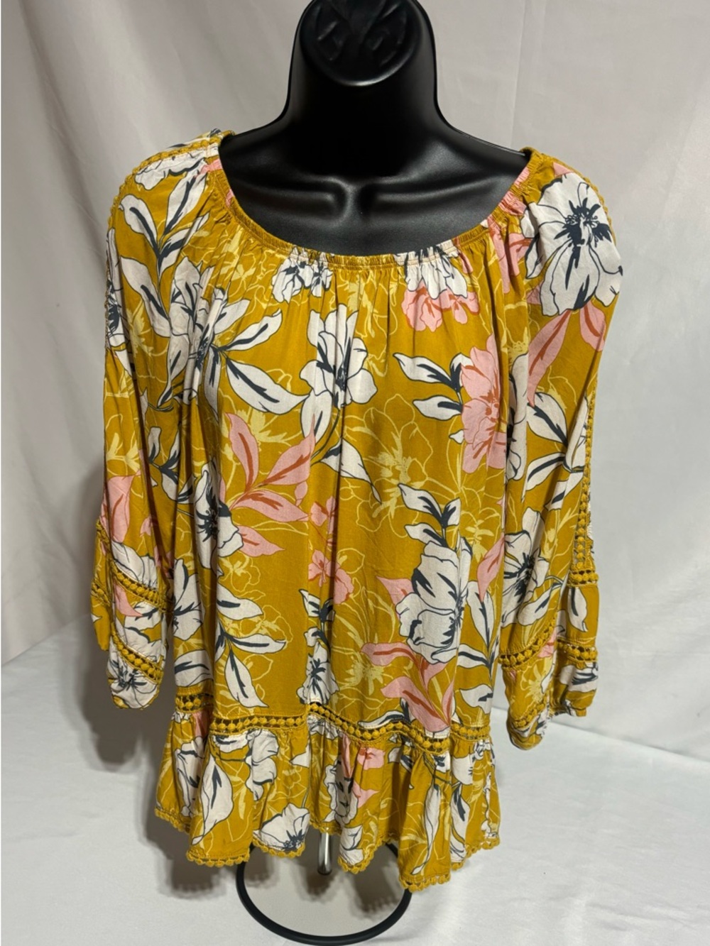 Fever Mustard Yellow Floral Peasant Blouse Boho Long Sleeve Top Size Small